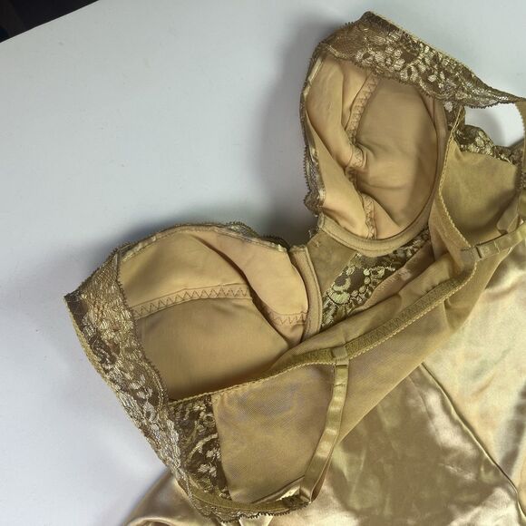 Victorias Secret Satin Lace Slip Mini Dress Chemise M Gold Cocquette Party Glam - Picture 10 of 12